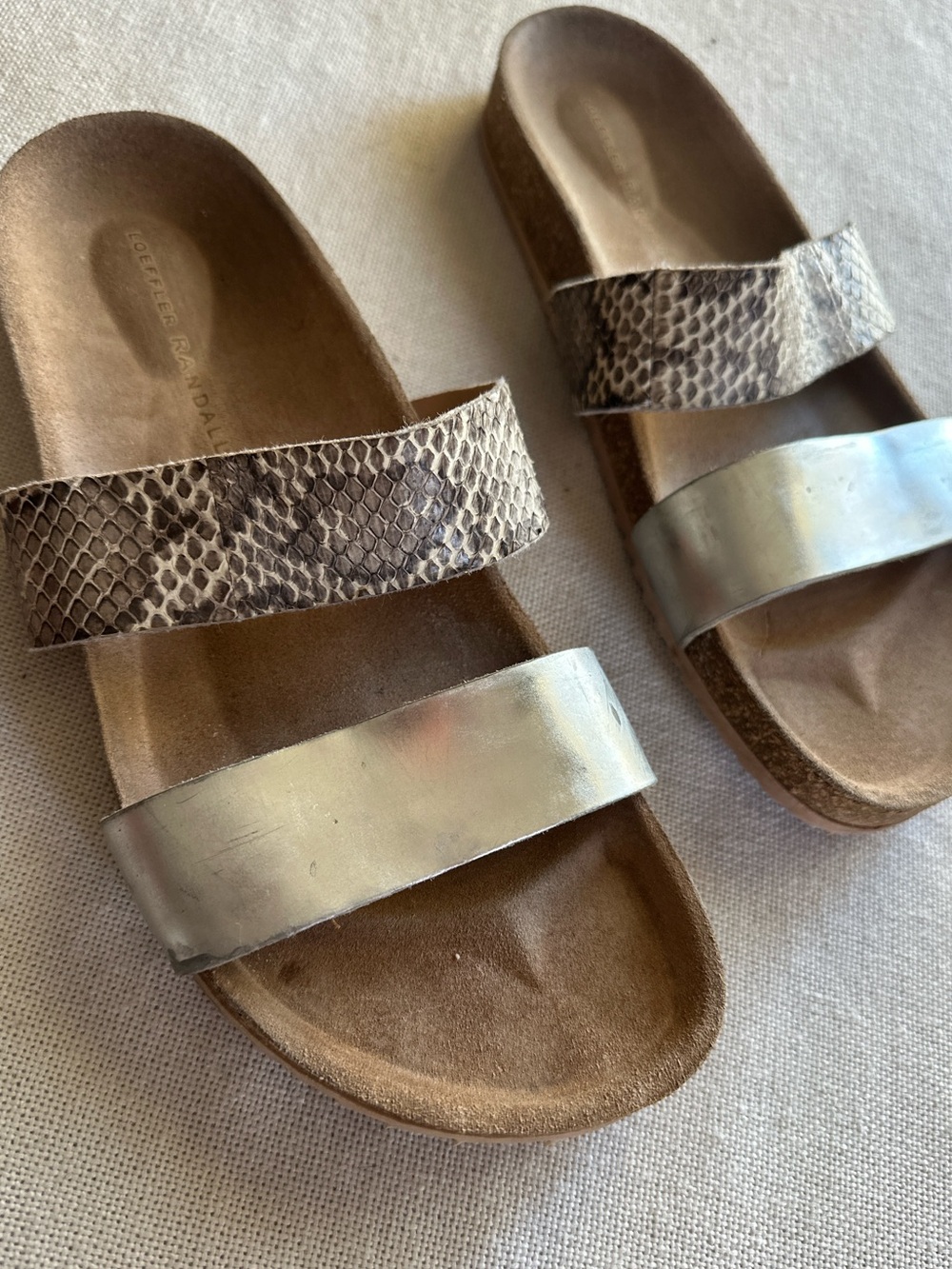 Loeffler Randall Paz Two-Strap Snakeskin & Metallic Slide Sandals | 8